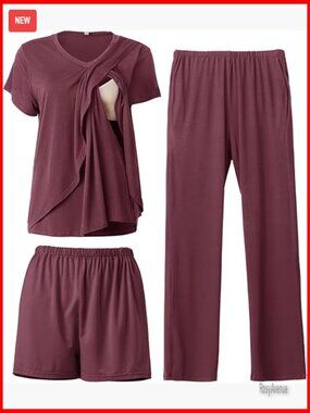 3-Piece Nursing Pajama Set Postpartum Maternity Sleepwear Double Layer Side